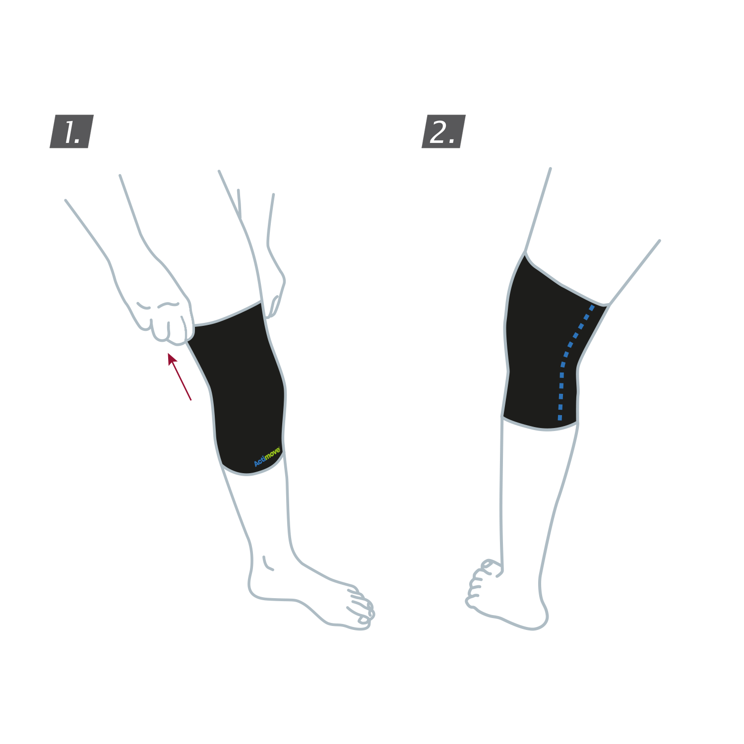 How to put on the Actimove Sports Edition Knee Support Closed Patella: Pull the knee support up your leg and over your knee
 How to put on the Actimove Sports Edition Knee Support Closed Patella: Pull the knee support up your leg and over your knee
